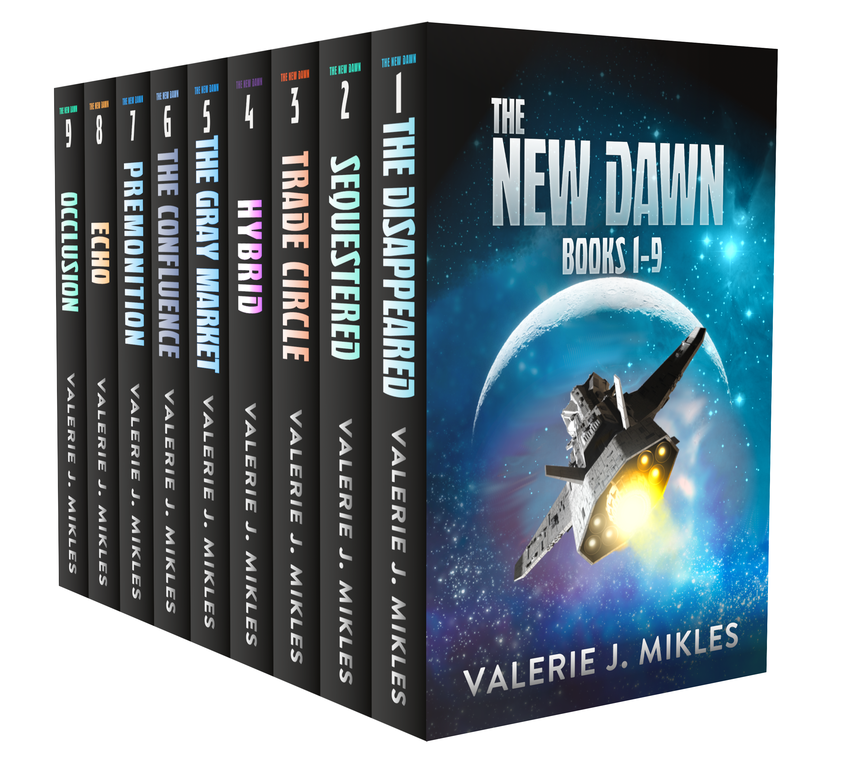 A collection of science fiction book covers for the New Dawn series.